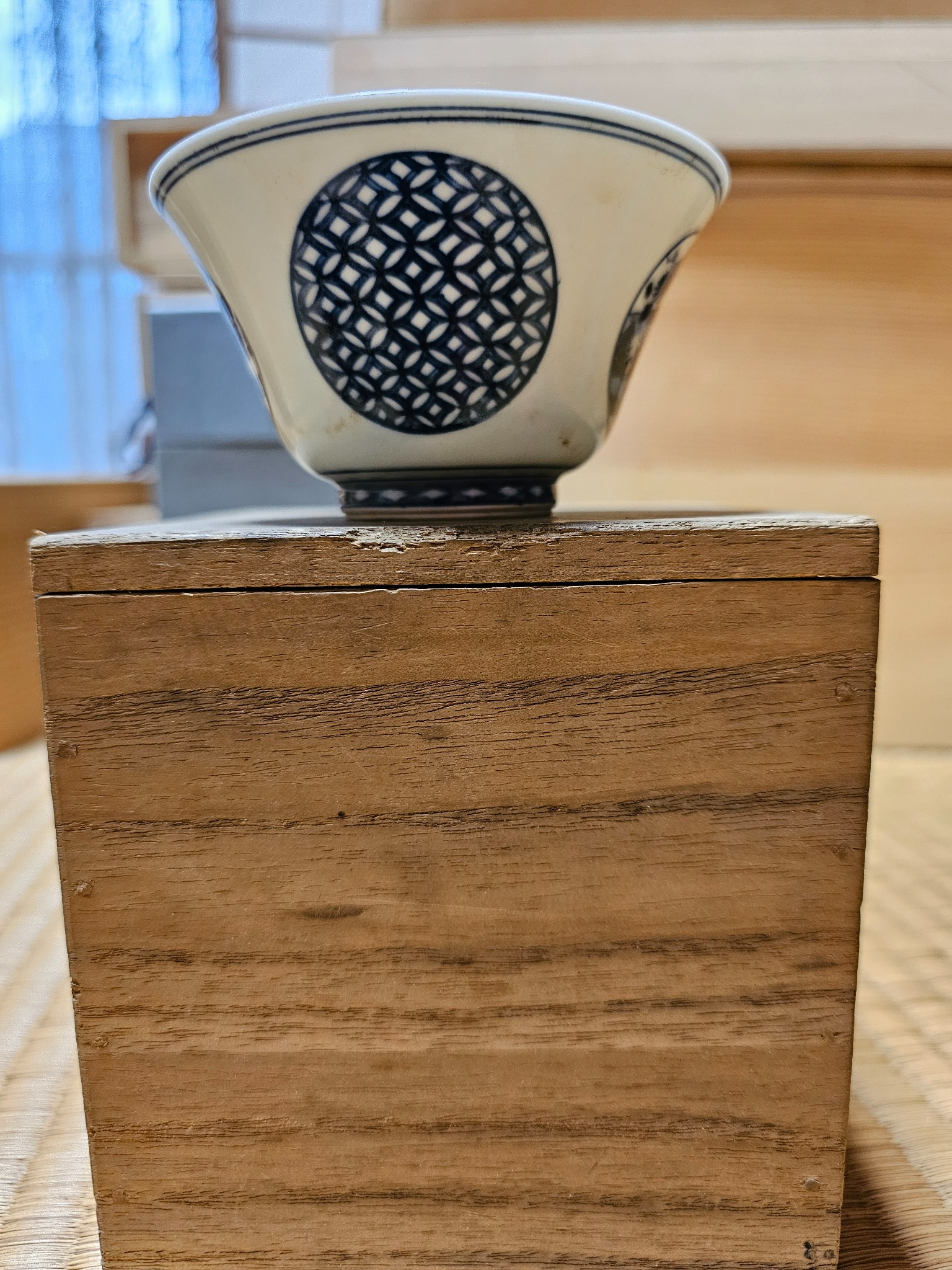 Blue and white bowl detail with house landscape.