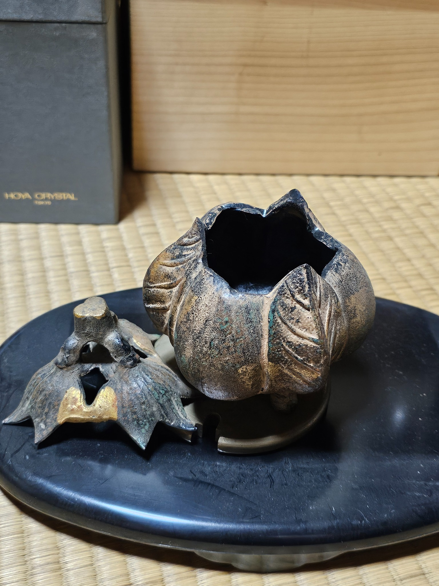 Open botanical lidded incense burner.