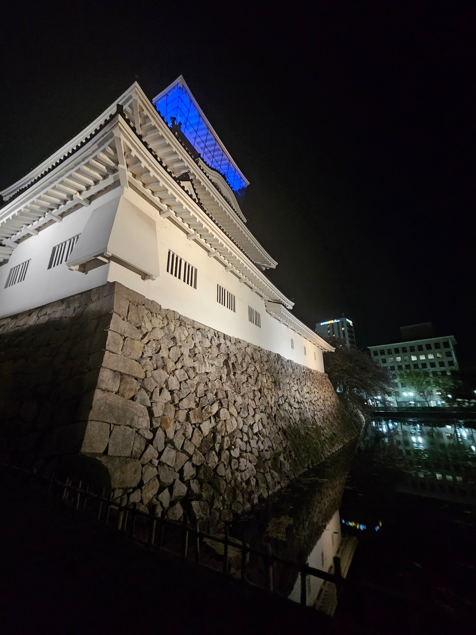 Toyama Castle stone wall at night.