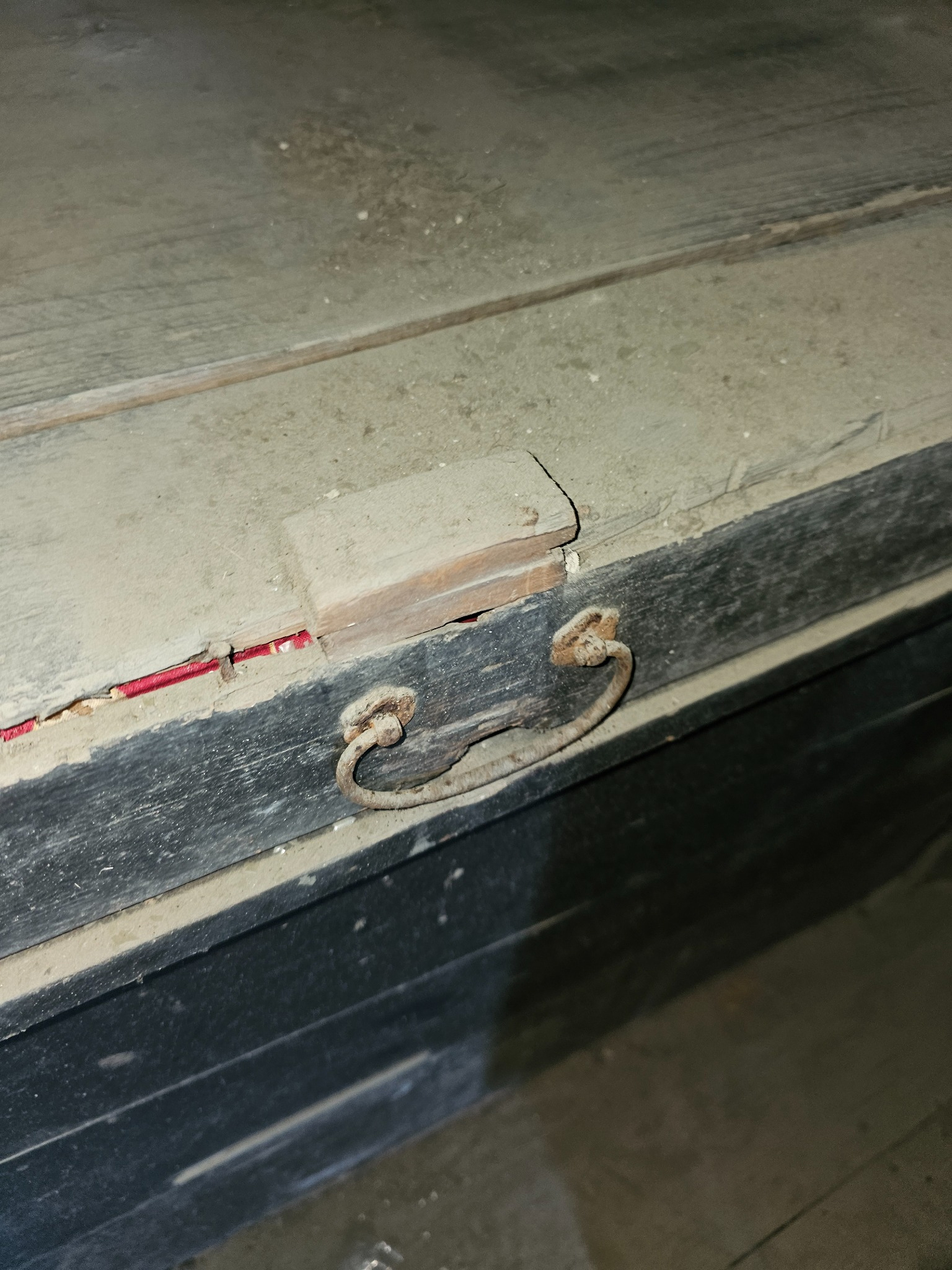 Handle detail on the large wooden tansu.