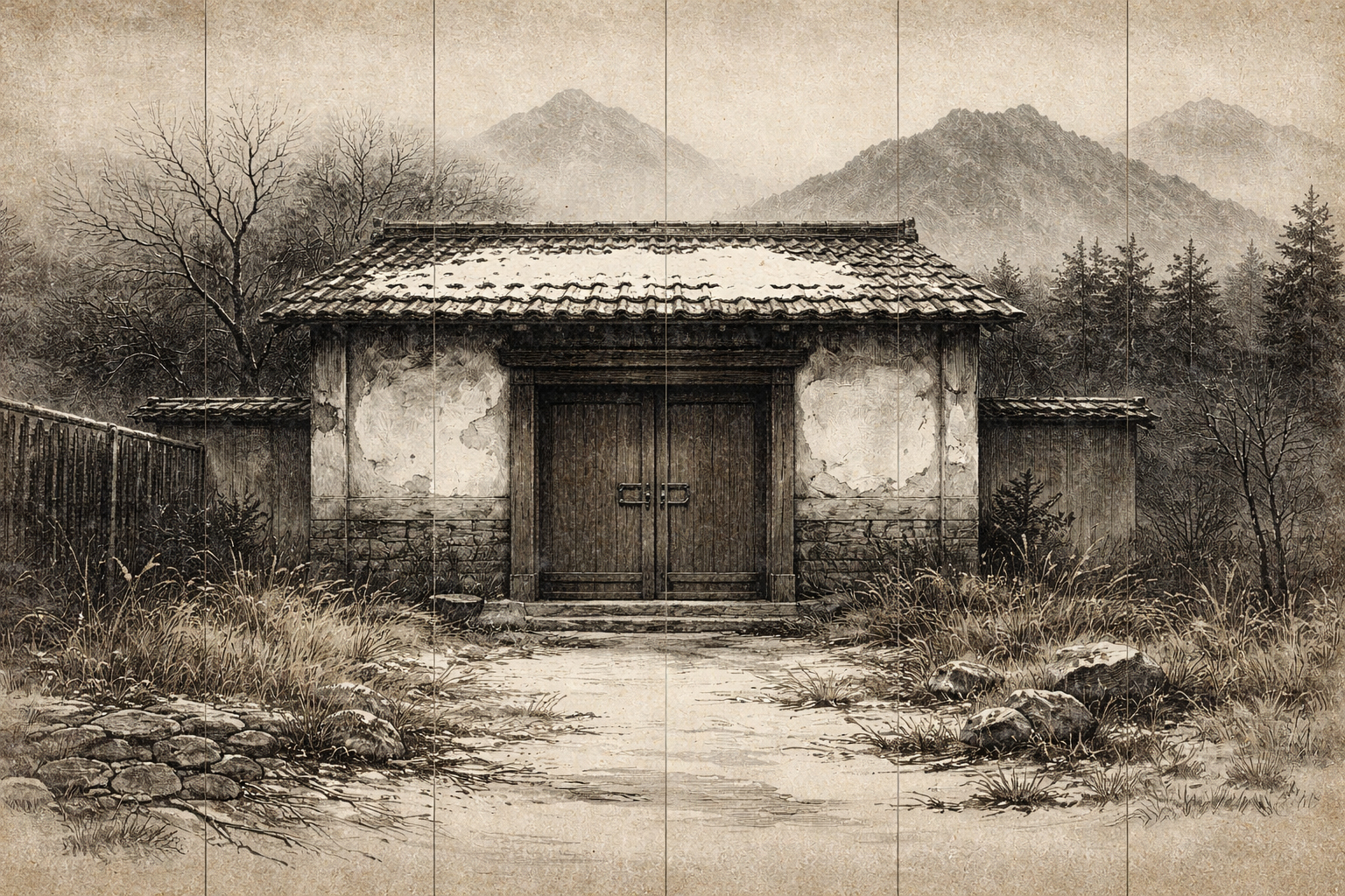 AI imagined family compound six panel screen.