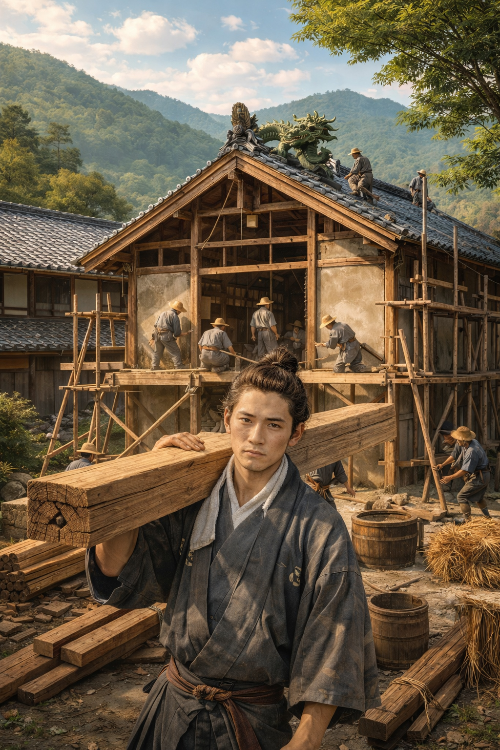 AI imagination of young Sakai building the kura.