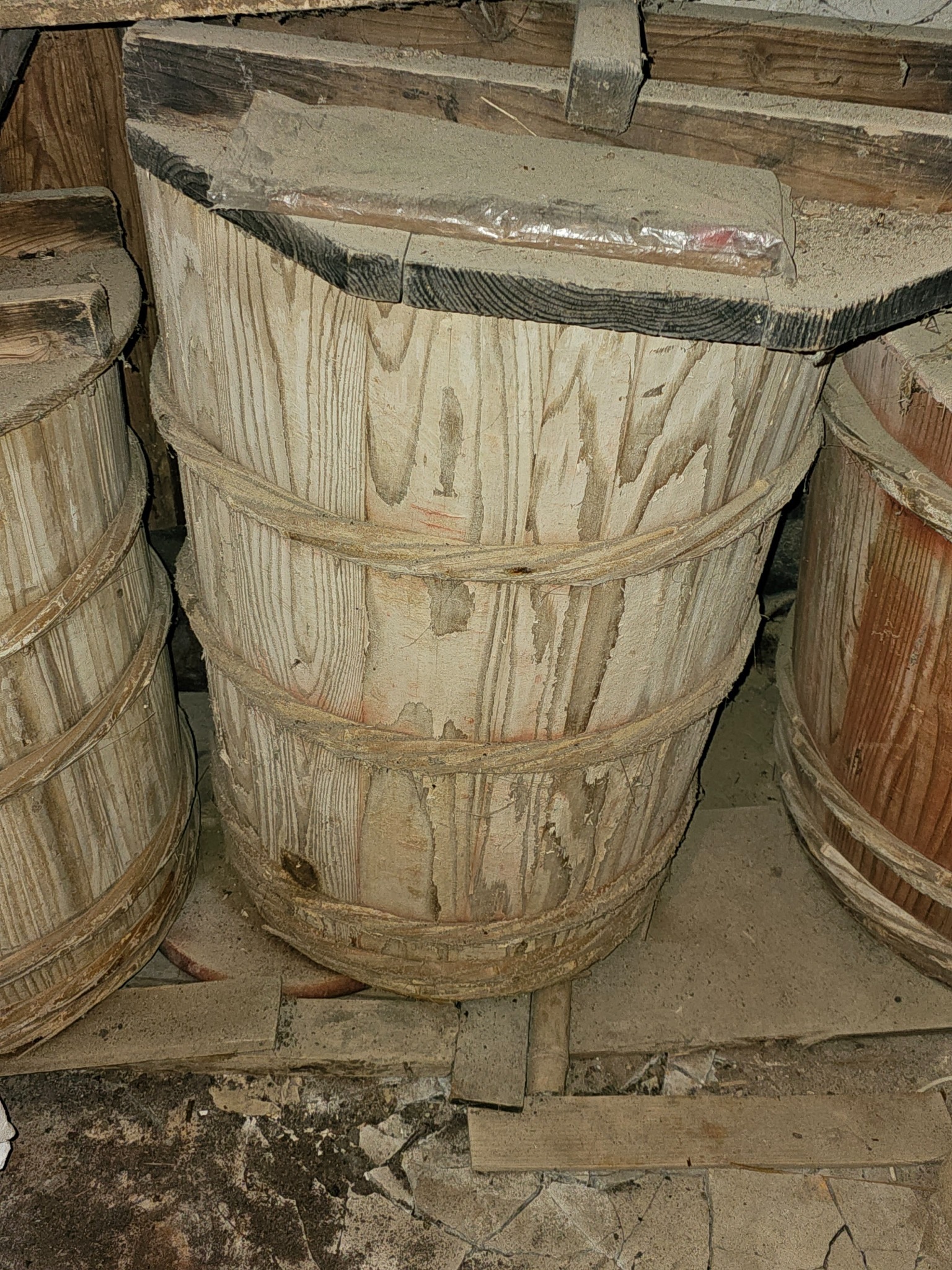 Large wooden rice container in the kura.